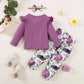 Baby Girls Outfits Ruffle Sleeve For Winter Floral Print Pants Headband 3Pcs OOTD Purple 112206036