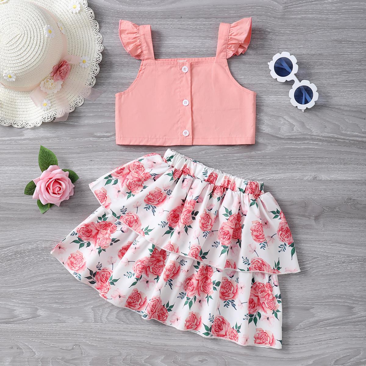 Baby Girls Clothes Summer Straps Tops Floral Print Skirts 2Pcs OOTD Pink 112111087