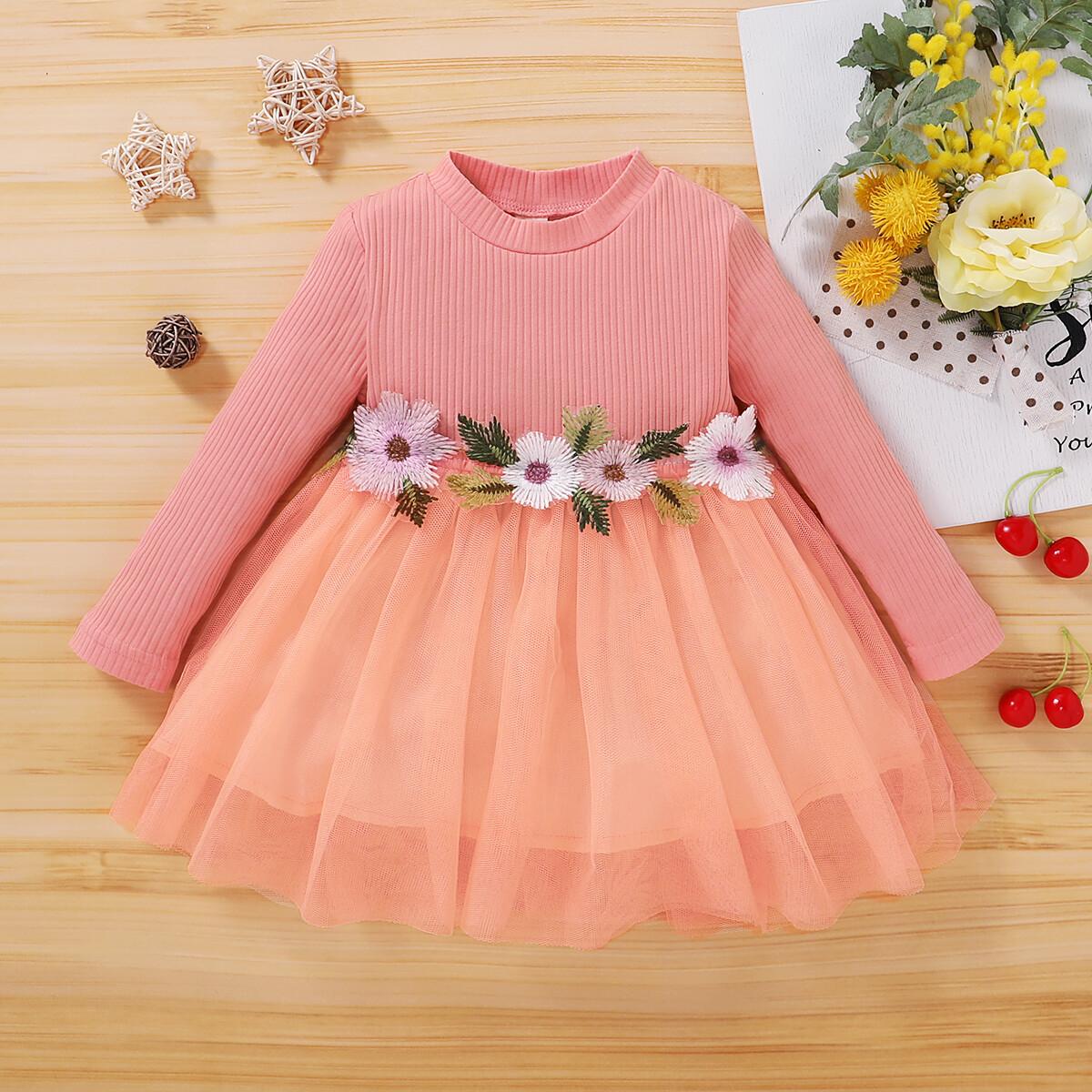 Newborn Baby Girl Fall Clothes Baby Girl Dress Long Sleeve Floral Dress Rib Dress Baby Girl Tulle Dress Party Dress Pink WL2003373-1