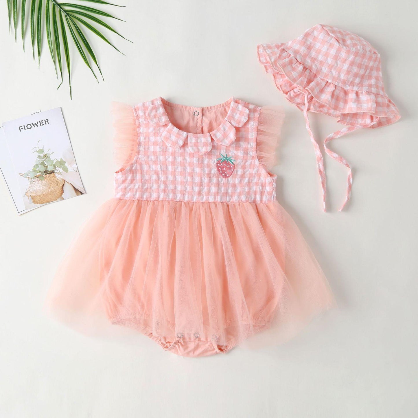 Kid Fashion Ready Stock Plaid Summer Sleeveless Splice Gauze Romper Dress With Hat 2Pcs ZX-ZB032