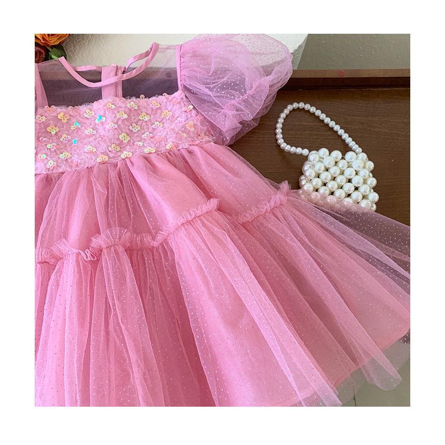 Baby Girls' Korean Princess Dress Summer Bubble Sleeves Sweet Fairy Dress PinkYN23003