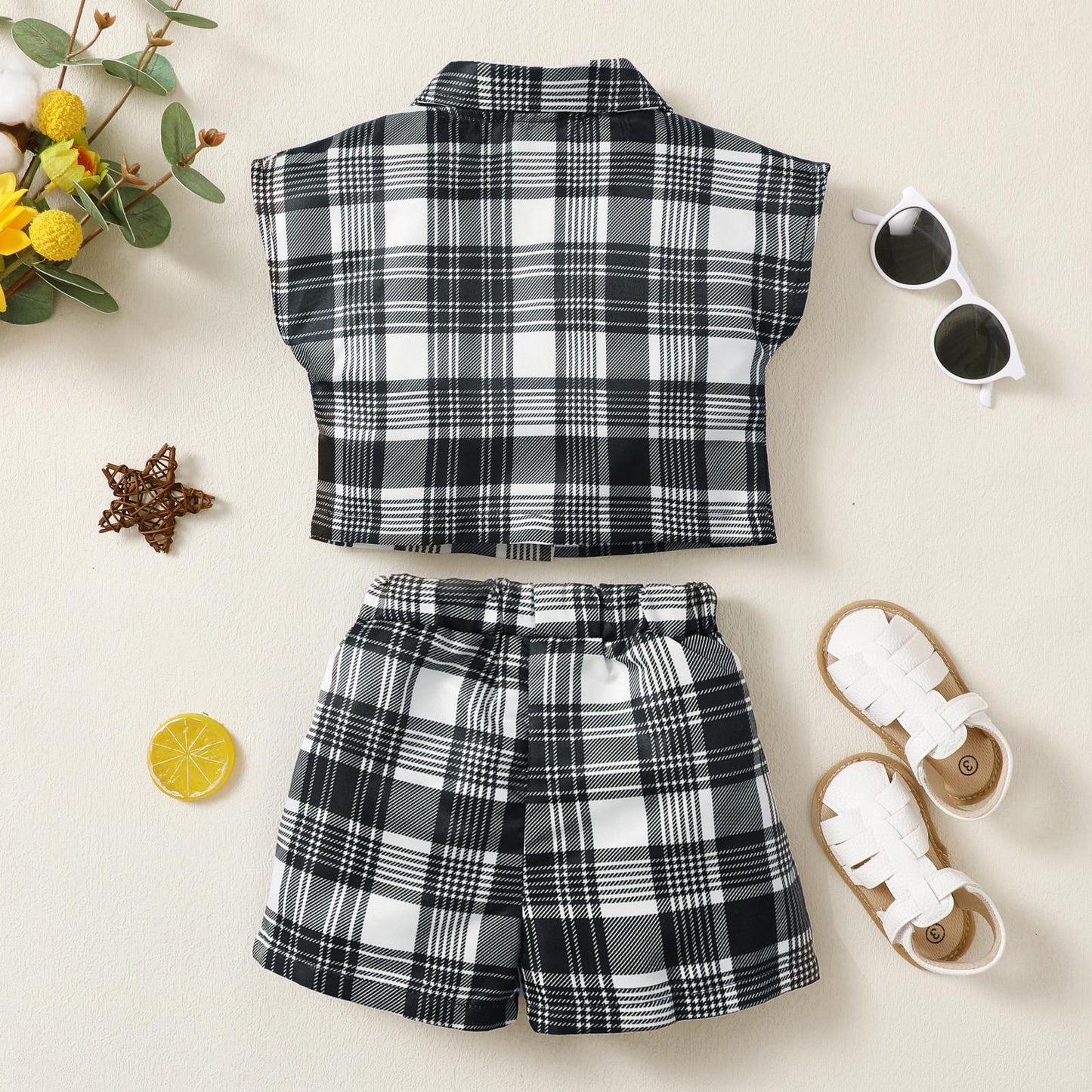Kids fashion Girls Outfits Girls OOTD Plaid Turn-down Collar Pocket Sleeveless Shirt Shorts 2Pcs Clothes Set For Summer Black 122204304