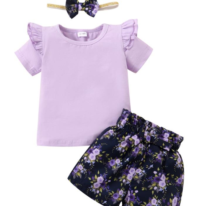 Kids Fashion Ready Stock Summer Clothes For Girls Ruffle Sleeve Solid Color Shirts Elastic Shorts Headband 3Pcs Outfits Green 112202005