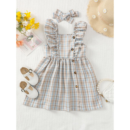 Baby Girls Clothes Plaid Print Sleeveless Summer Dress With Headband 2Pcs OOTD Apricot 622120003