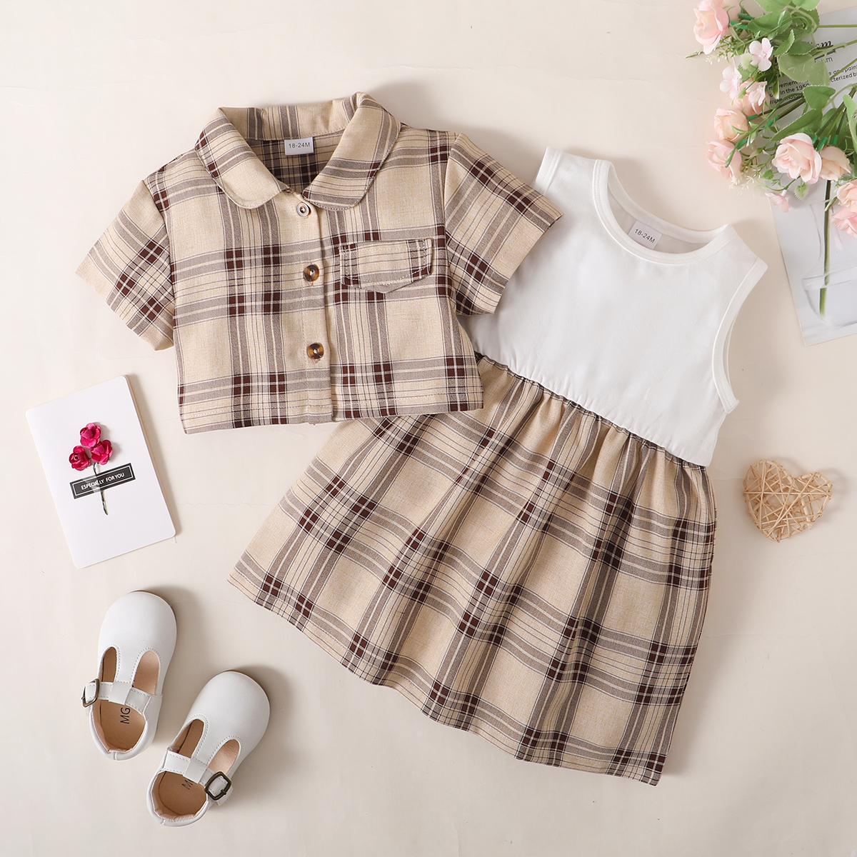 Baby Girls Clothes Baby OOTD Plaid Polo Shirts Dress 2PCS Brown 222211301