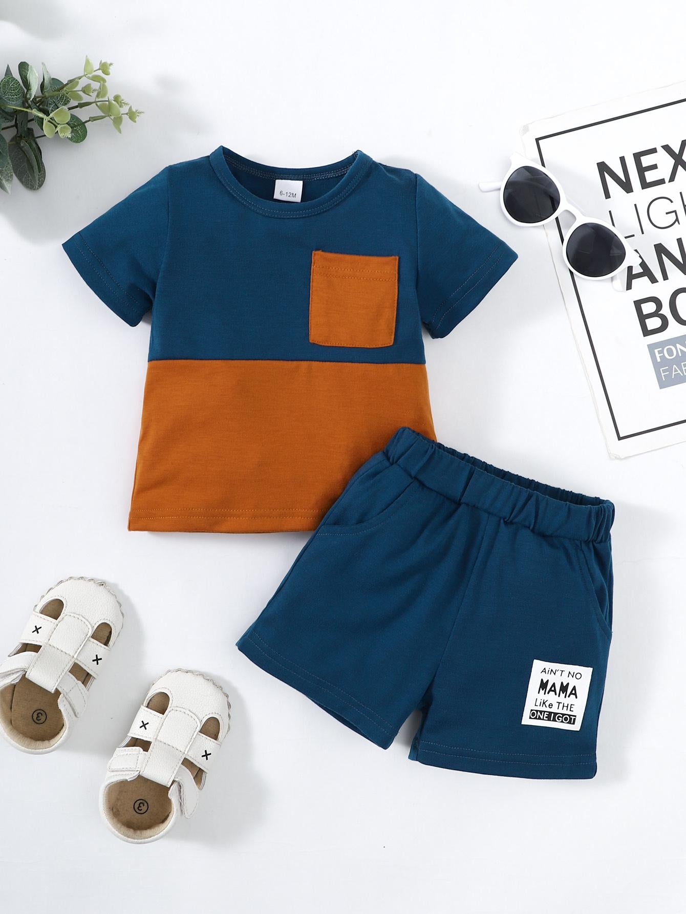 Kids Fashion Boys Clothes OOTD Splice Pocket Shirt Shorts 2Pcs Outfits 212211009
