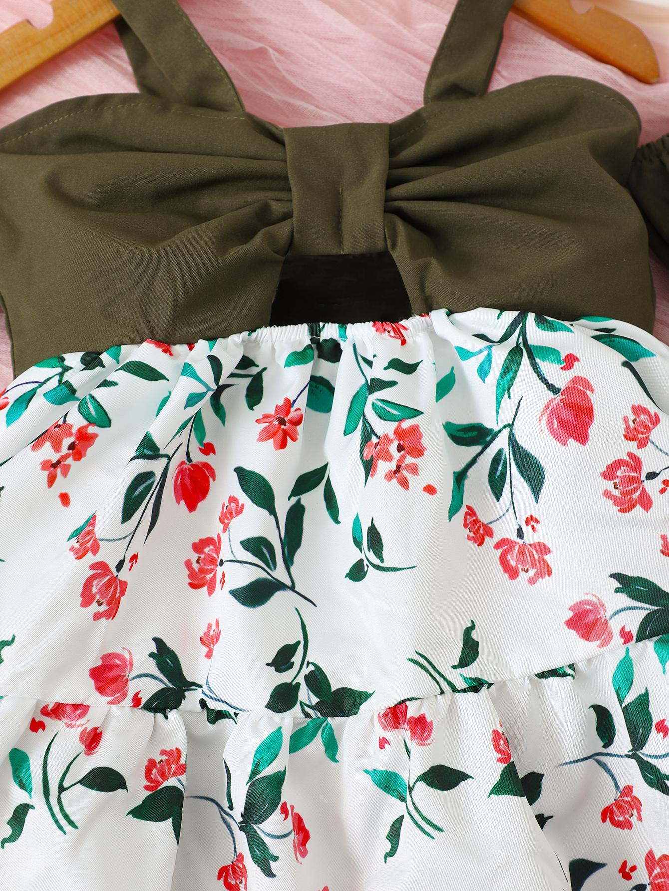 Ready Stock Baby Girls Clothes Straps Bubble Sleeve Floral Print Dress With Headband 2Pcs Summer Set Green 122110007