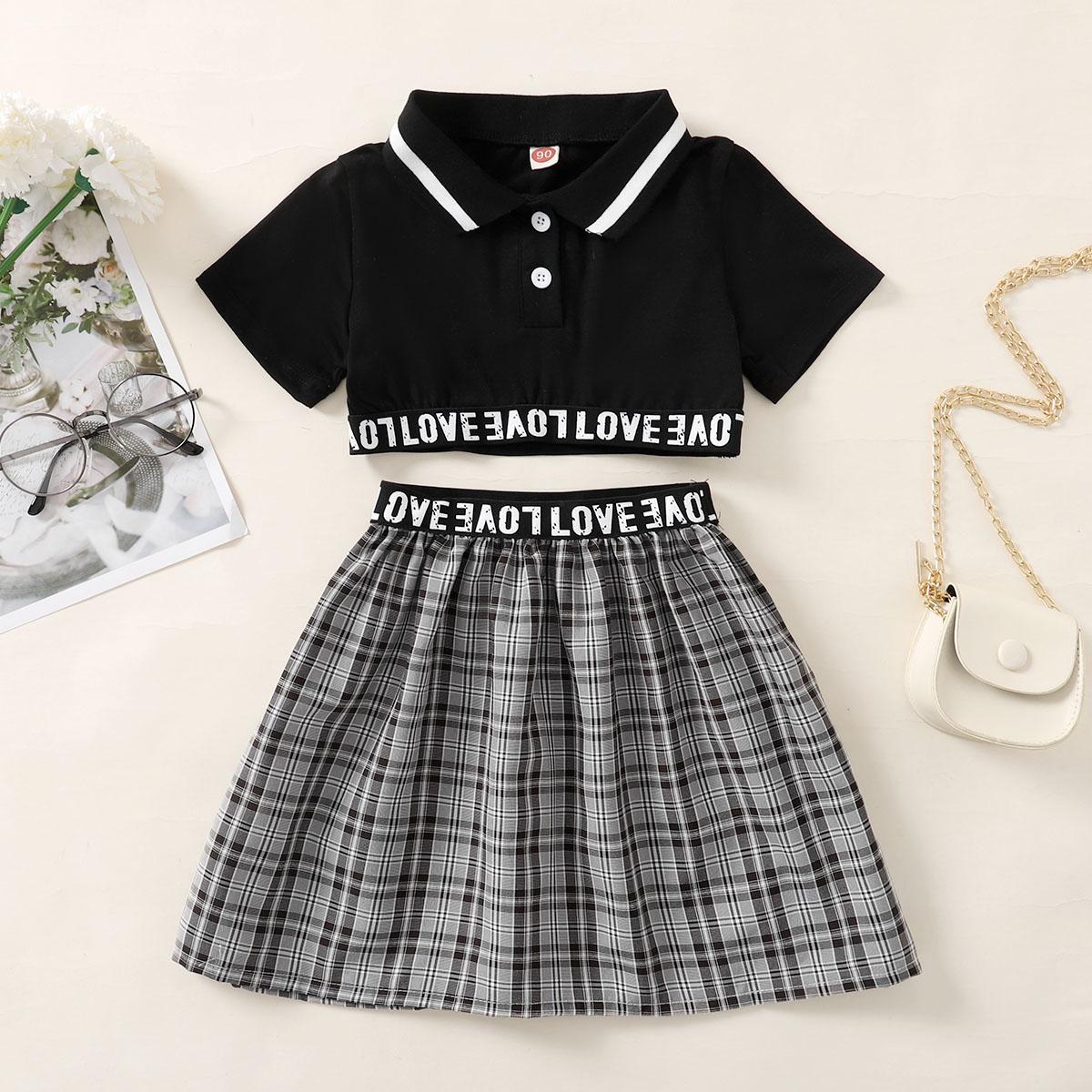 Baby Girls Outfits Turn-down Collar Polo Shirt Plaid Skirts 2PCS Summer OOTD Black 12110303
