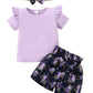 Kids Fashion Ready Stock Summer Clothes For Girls Ruffle Sleeve Solid Color Shirts Elastic Shorts Headband 3Pcs Outfits Green 112202005