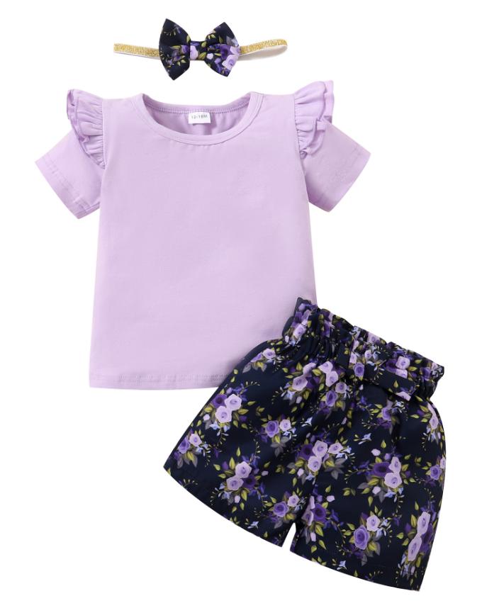 Kids Fashion Ready Stock Summer Clothes For Girls Ruffle Sleeve Solid Color Shirts Elastic Shorts Headband 3Pcs Outfits Green 112202005