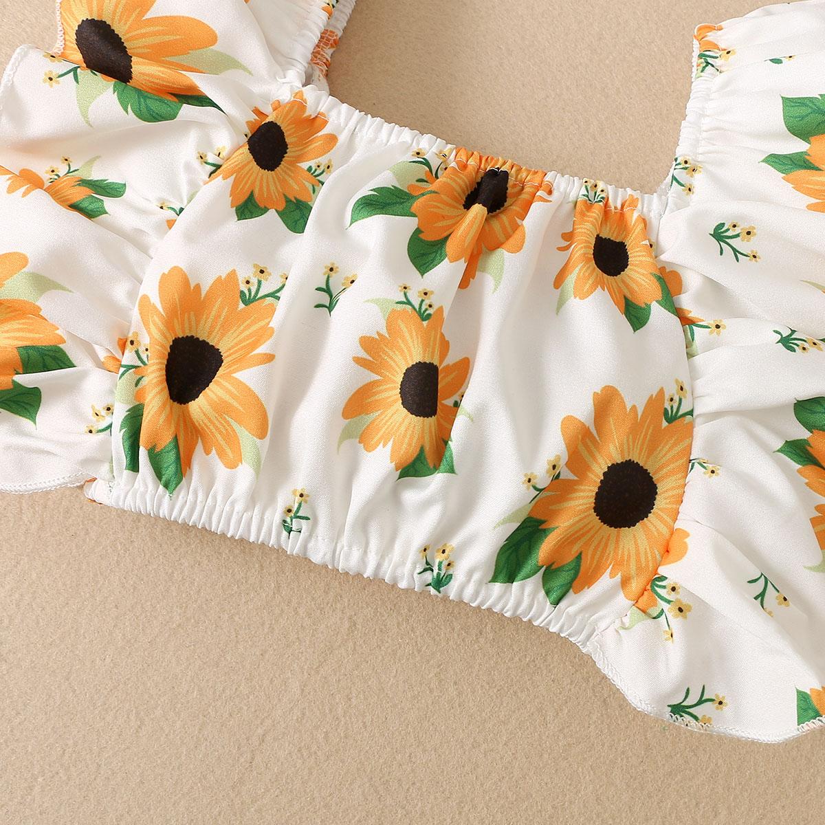 Kid fashion Girls Clothes Girls OOTD Sleeveless Sunflower Tops Shorts 2Pcs Summer Outfits Yellow 12110049