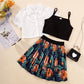 Ready Stock Big Girls Clothes Solid Color Turn-down Collar Shirts Straps Undershirt Floral Skirts 3Pcs Summer OOTD White GS112211005
