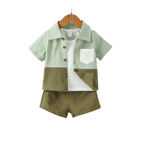 Kid Fashion Ready Stock Boys Summer Outfits Turn-down Collar Pocket Splice Shirt Elastic Shorts 2Pcs Clothes Set Blue 112211057