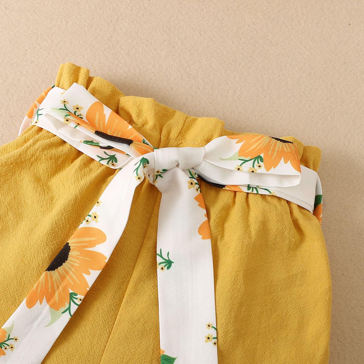 Kid fashion Girls Clothes Girls OOTD Sleeveless Sunflower Tops Shorts 2Pcs Summer Outfits Yellow 12110049