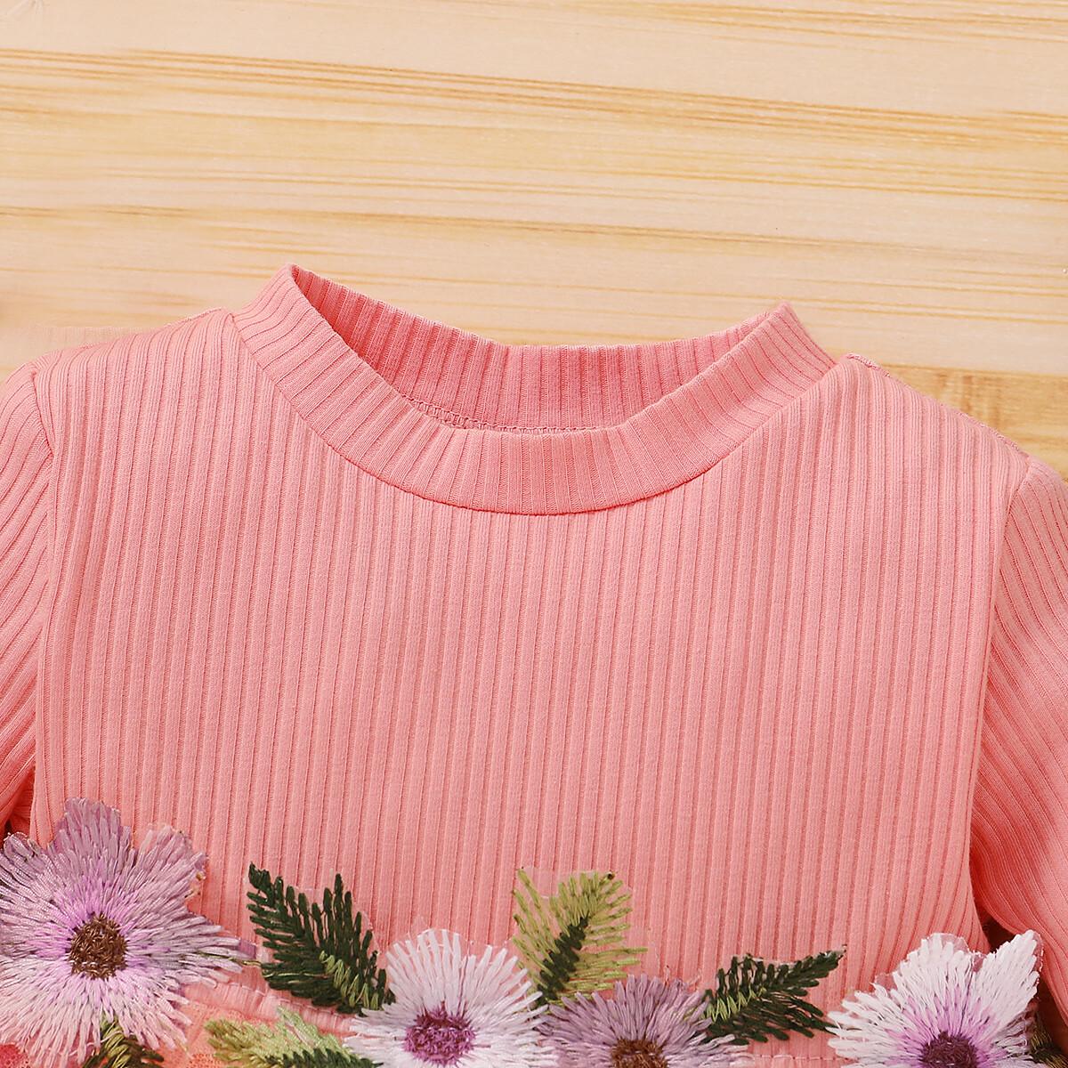 Newborn Baby Girl Fall Clothes Baby Girl Dress Long Sleeve Floral Dress Rib Dress Baby Girl Tulle Dress Party Dress Pink WL2003373-1