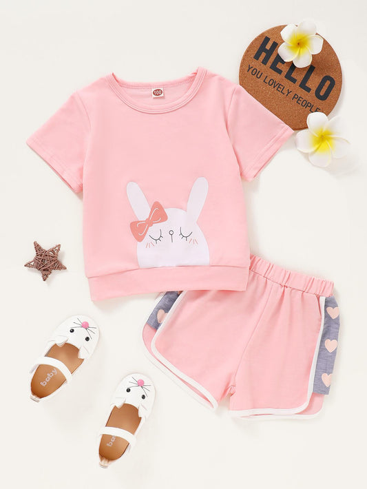 Toddler Baby Girl Clothes Baby Girls Summer Outfits Girls Short Sleeve Cute Rabbits Print Top Shorts Set Pink WL2005796