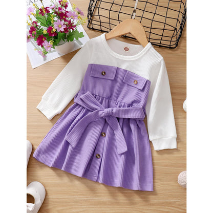 Baby GirlsDress Long Sleeve Round Neckline Pockets Dress Purple12105322