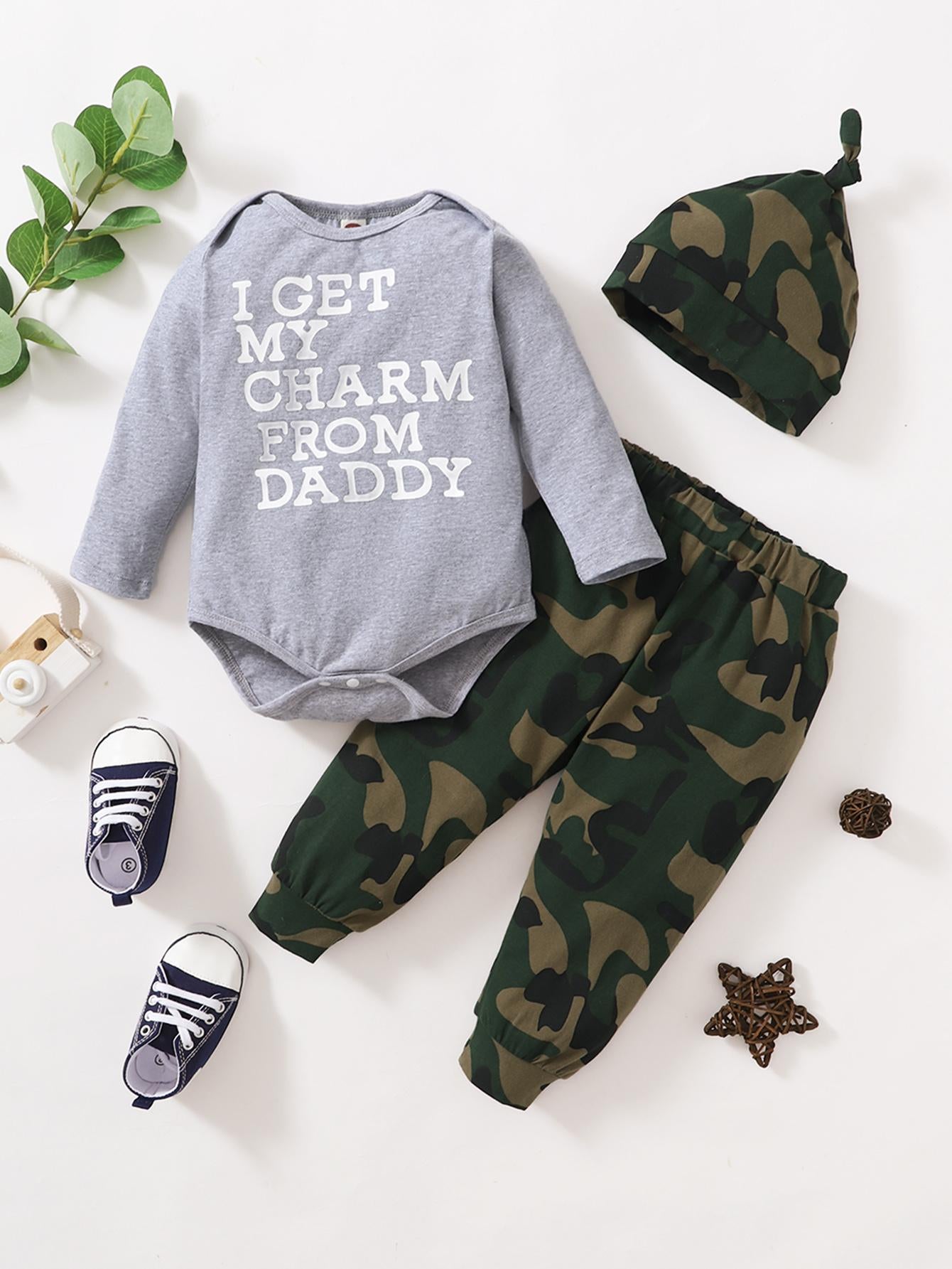 Baby Clothes Baby Boy Letter Long Sleeve Rombo Camo Pants Hat 3PCS L2007138-1