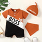 KID FASHION Baby Boys Clothes "little BOSS" Splice Summer Romper With Hat 2Pcs Romper Set 122205013