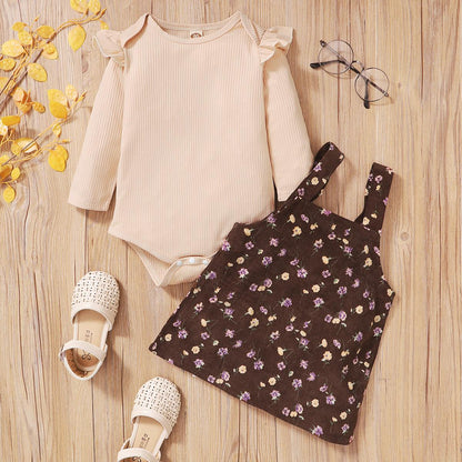 Baby Girls Outfits Pure Color Winter Romper Straps Suspender Skirts 2Pcs Clothes Set Apricot BL22109322
