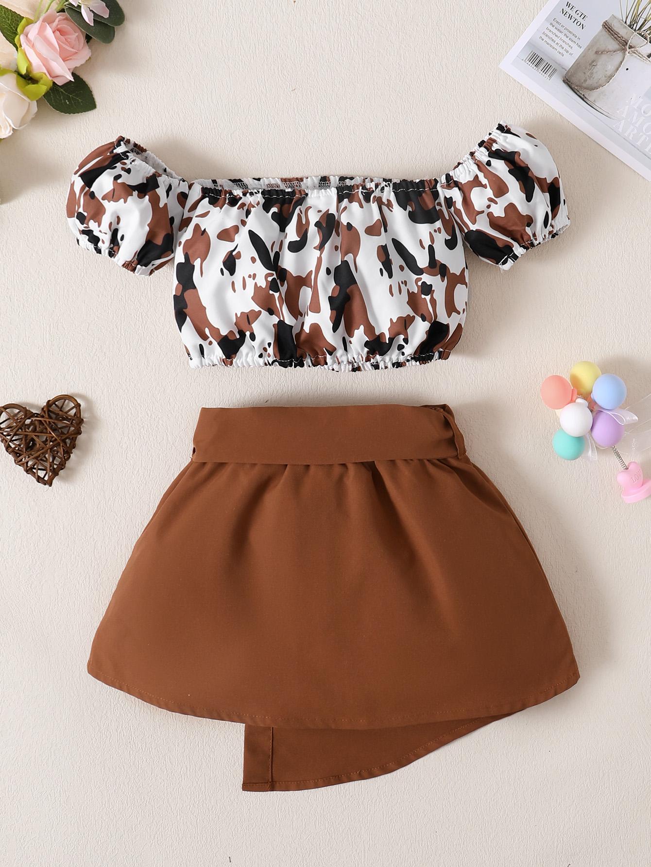 Kids Fashion Ready Stock Girls Outfits Off The Shoulder Camouflage Print Tops Irregular Skirts Brown 122110018
