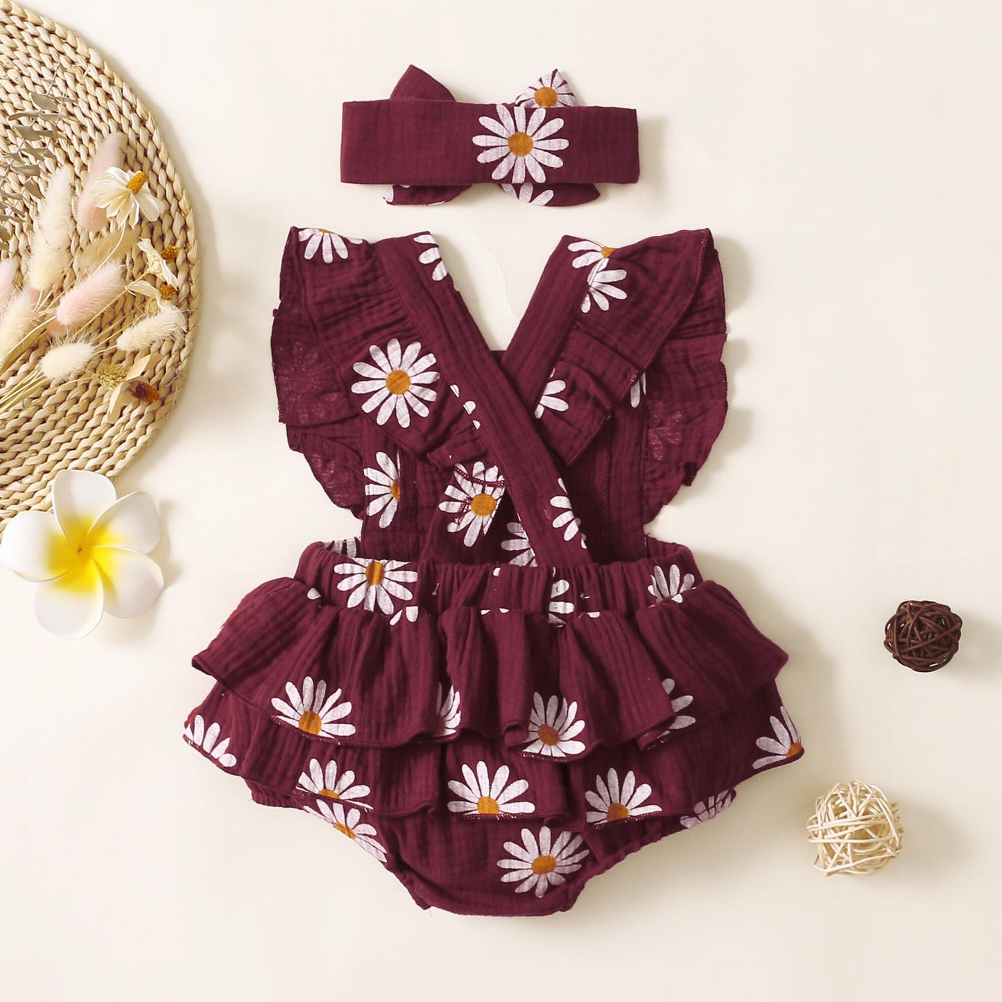 Newborn Baby Girls Clothes Baby Girls Romper Bodysuit Daisy Print Flying Sleeve Romper Baby Girls One Piece Jumpsuit Headband Set Red 32102758