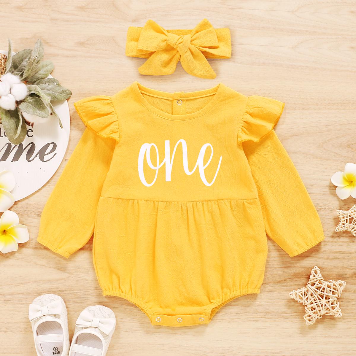 Kids fashion Girls Clothes One Long Sleeve For Winter Bodysuit With Headband 2pcs set Yellow YC2007547-1