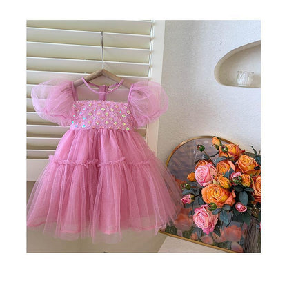 Baby Girls' Korean Princess Dress Summer Bubble Sleeves Sweet Fairy Dress PinkYN23003