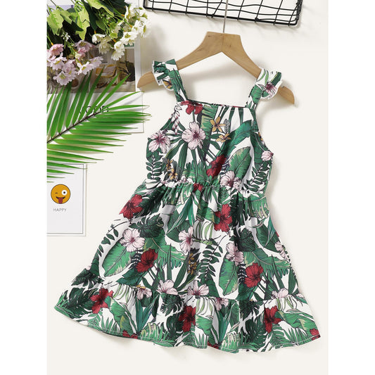 Kids Girl Clothes Little Girls Dress Sleeveless Floral Dress Little Girls Suspender Dress Green-YC2004167