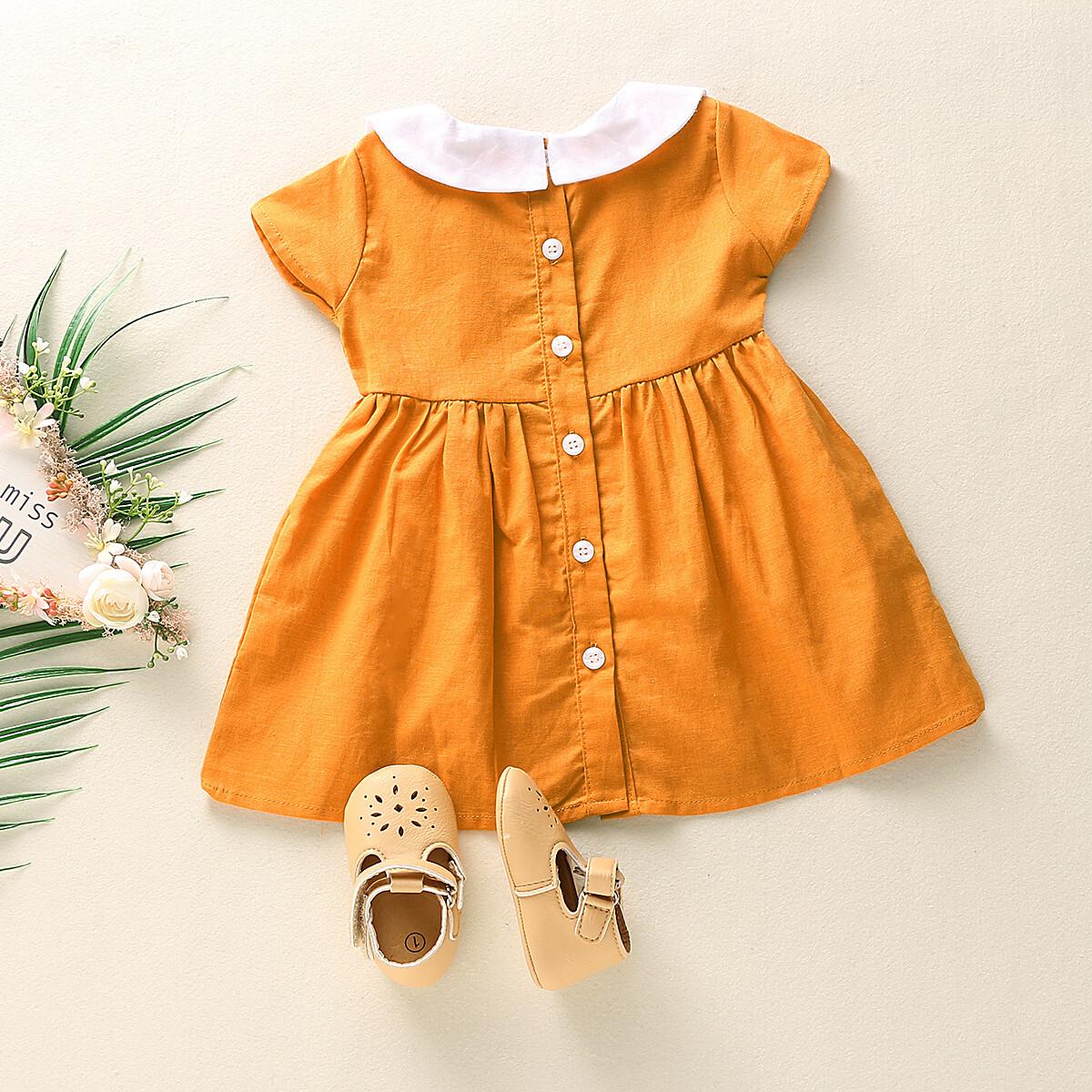 Toddler Baby Girl Clothes Baby Girl Dress Short Sleeve Round Neckline Dress Baby Girl Summer Casual Dress Yellow 194027
