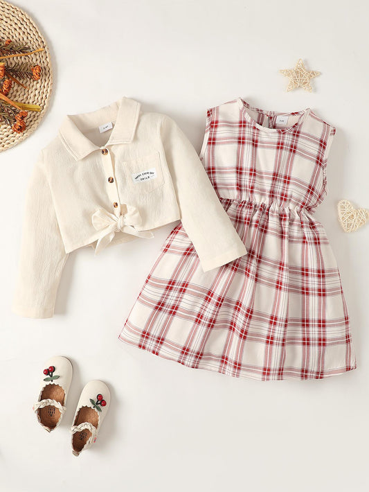 Outfits For Baby Girls Turn-down Collar Coat Plaid Sleeveless Dress 2Pcs Clothes Set 222206312-3
