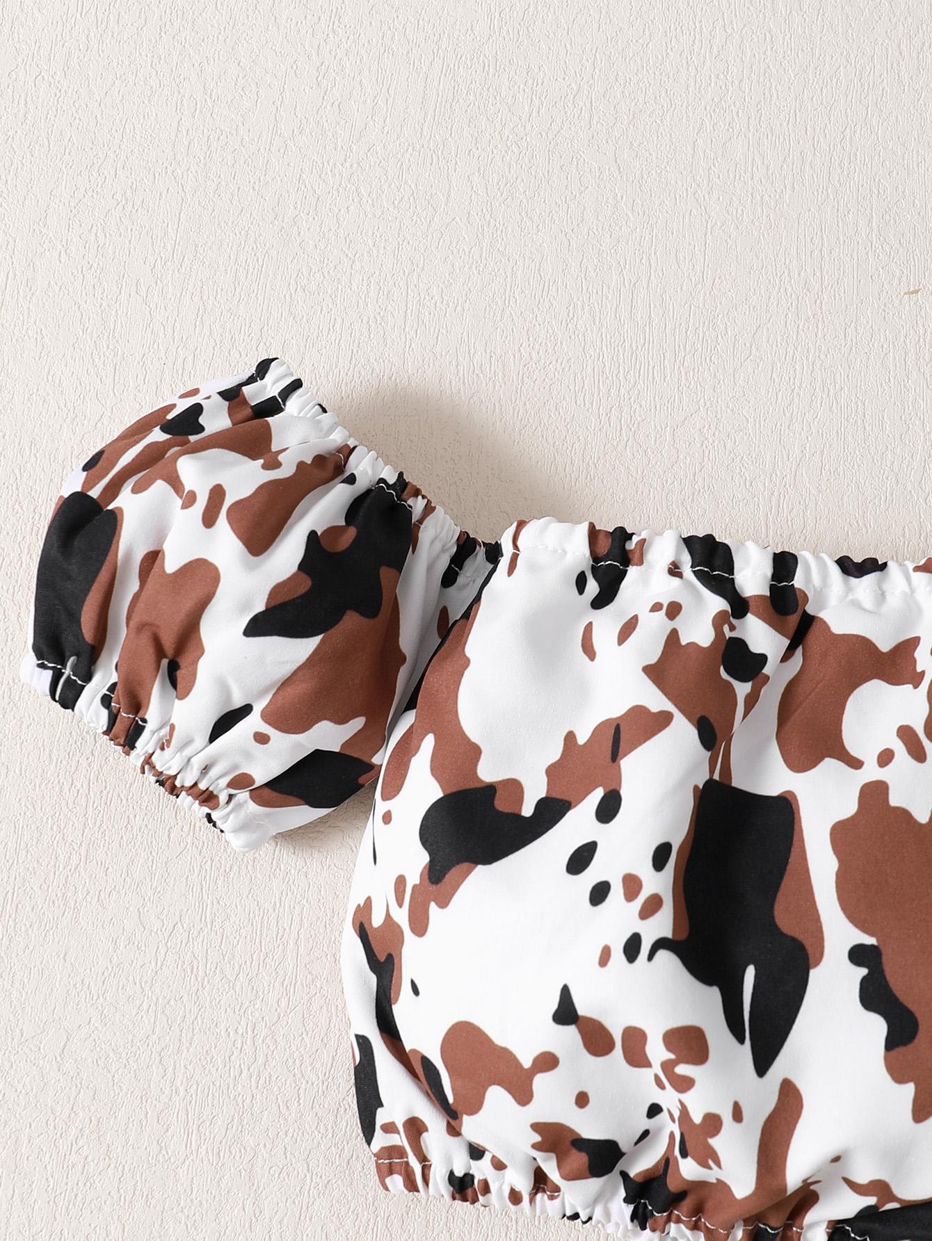 Kids Fashion Ready Stock Girls Outfits Off The Shoulder Camouflage Print Tops Irregular Skirts Brown 122110018