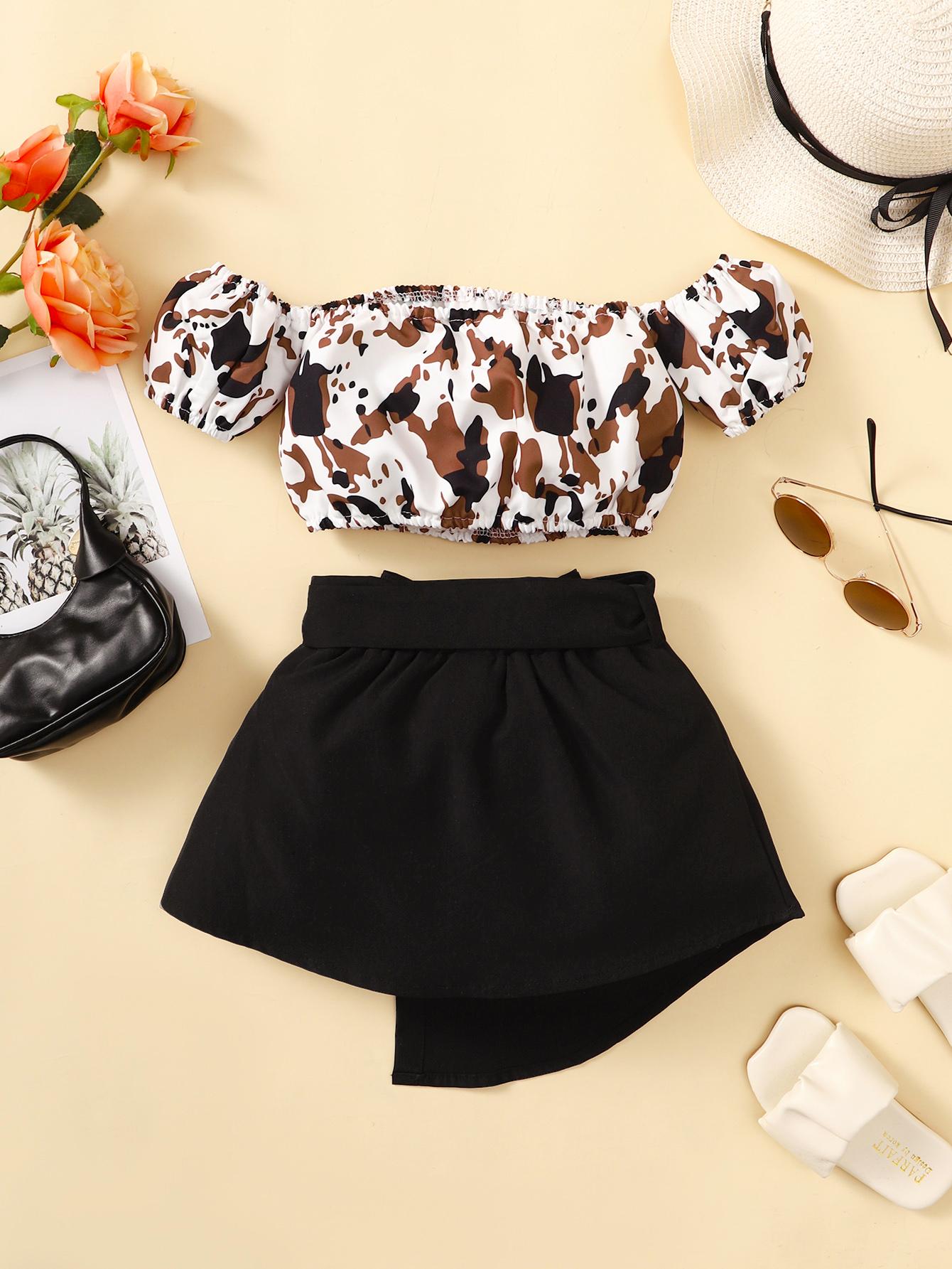 Kids Fashion Ready Stock Girls Outfits Off The Shoulder Camouflage Print Tops Irregular Skirts Brown 122110018