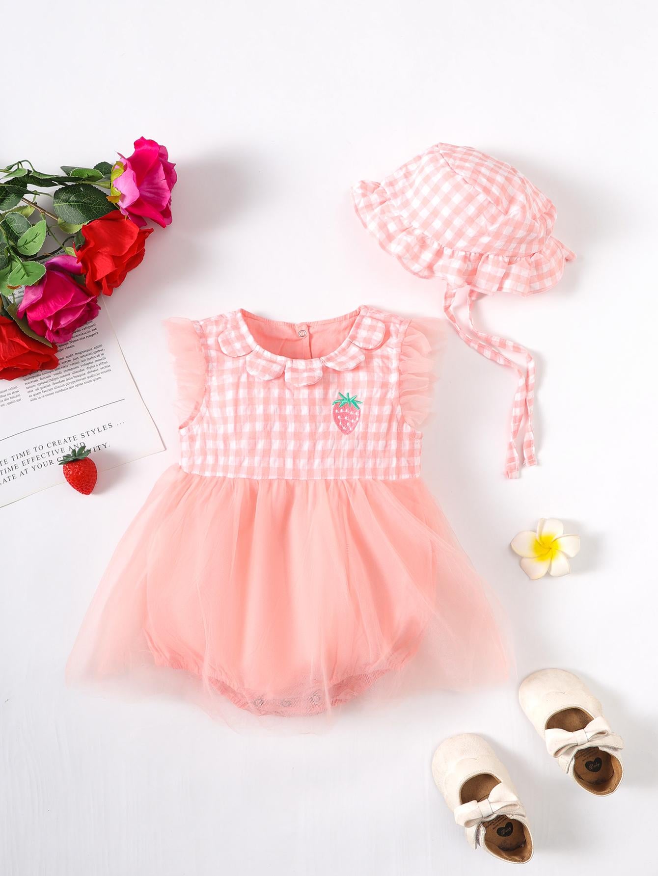 Kid Fashion Ready Stock Plaid Summer Sleeveless Splice Gauze Romper Dress With Hat 2Pcs ZX-ZB032