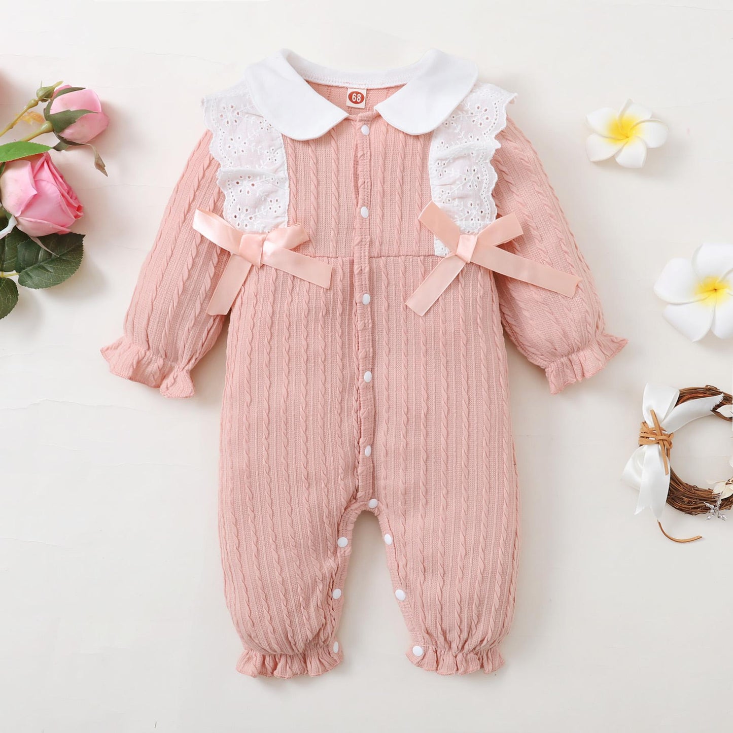 Baby Girls Romper Doll Collar Bodysuit Single Breasted Design One Piece Winter Jumpsuit Pink BL22110897