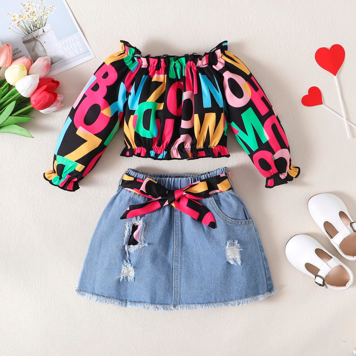 Ready Stock Clothes For Baby Girls Colorful Bell-bottomed Sleeve Tops Ripped Jeans Skirts 2Pcs Outfits J222209601