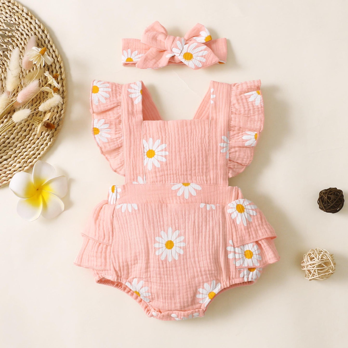 Newborn Baby Girls Clothes Baby Girls Romper Bodysuit Daisy Print Flying Sleeve Romper Baby Girls One Piece Jumpsuit Headband Set Red 32102758