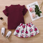 Baby Girl Clothes Ruffle Short Sleeve Tops Floral Skirt Summer 2pcs Outfits Wine Red 22011848-1