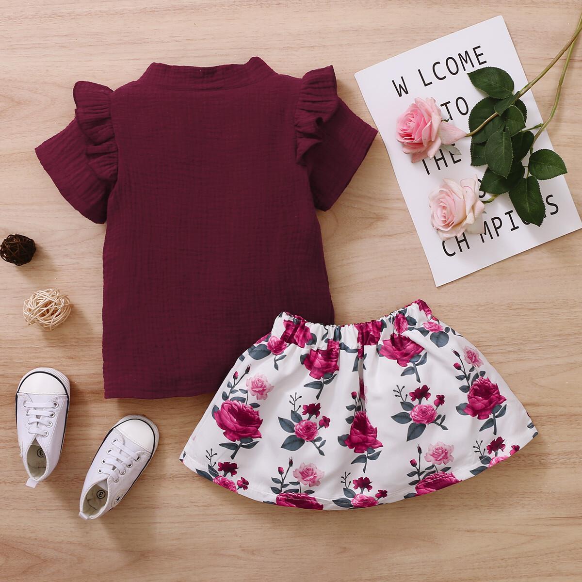 Baby Girl Clothes Ruffle Short Sleeve Tops Floral Skirt Summer 2pcs Outfits Wine Red 22011848-1