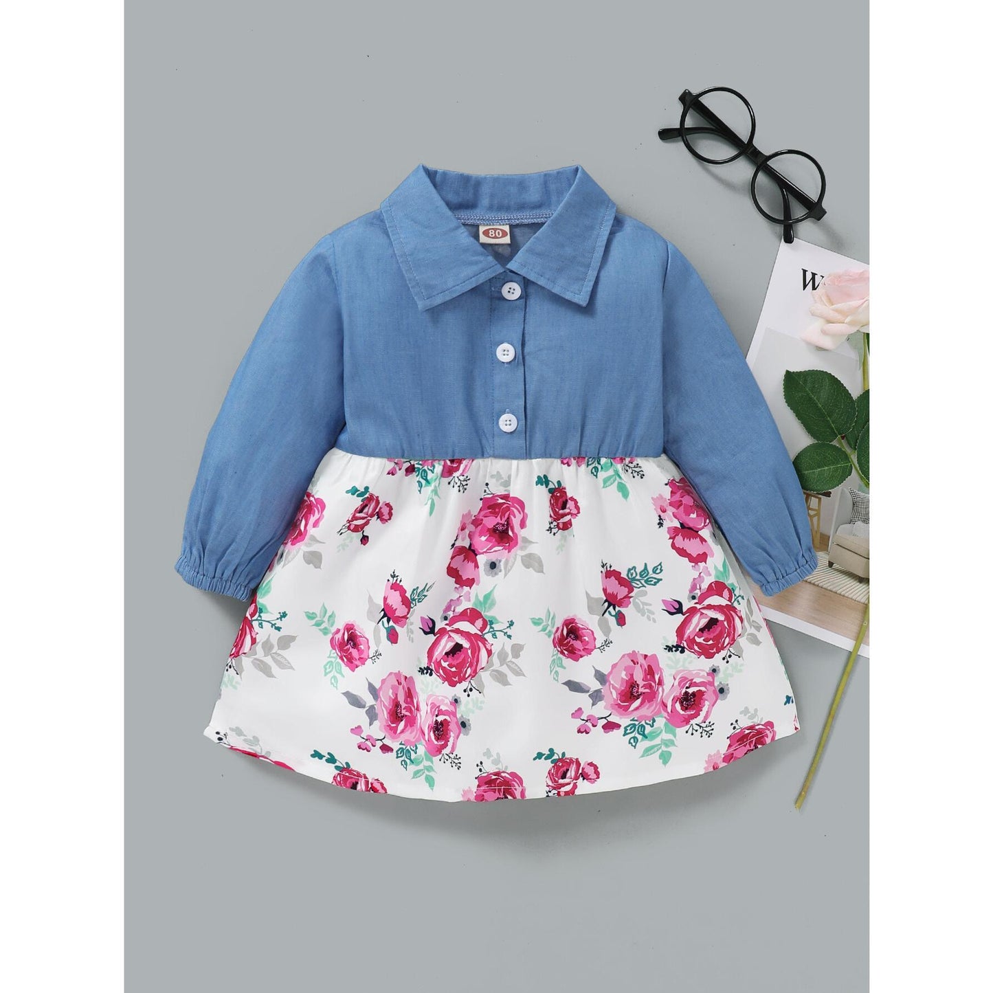 Kid fashion Girl Clothes Girl Dress Long Sleeve Lapel Dress Floral Dress Girls Jeans Dress Blue WL20081345