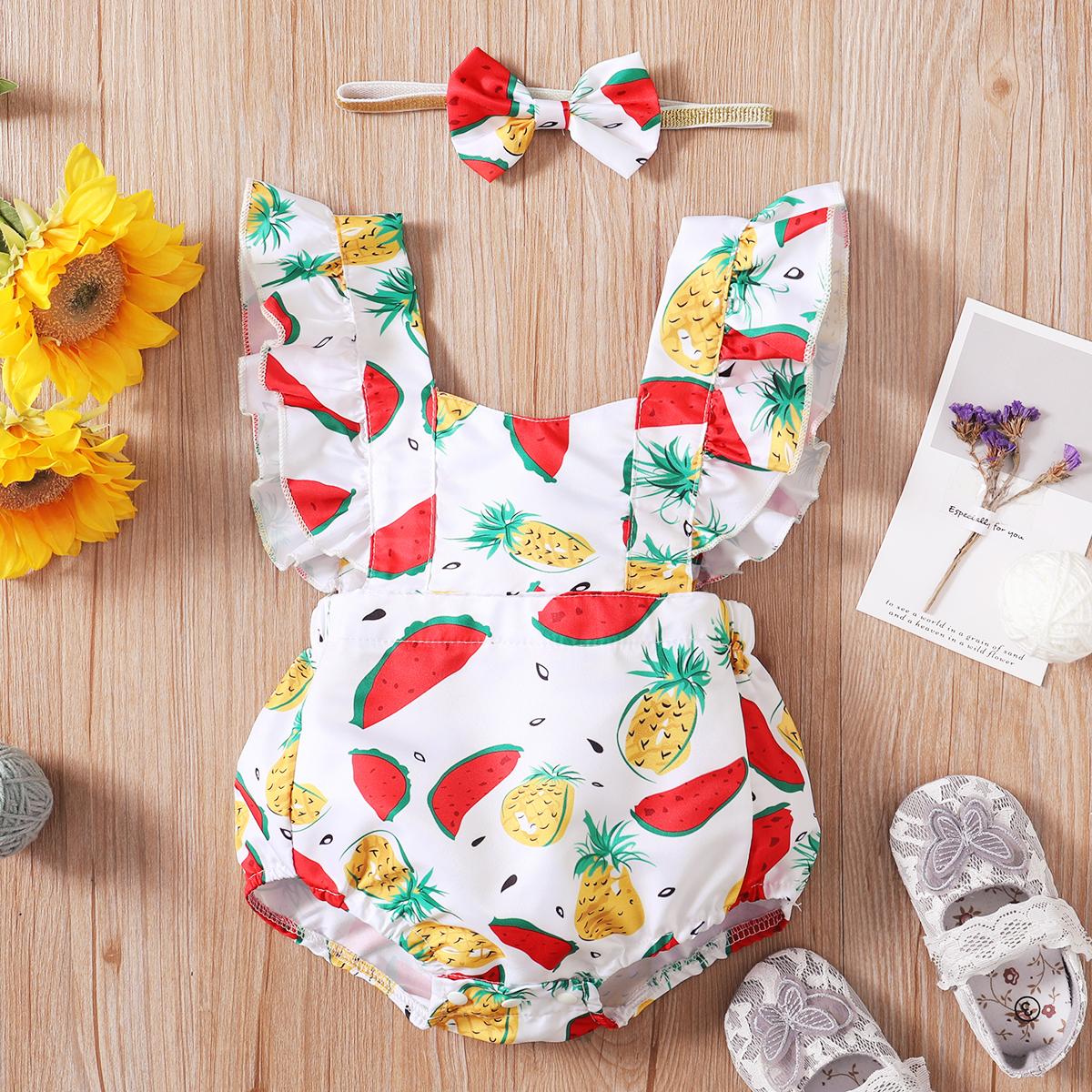 Kids fashion Girls Clothes Sleeveless Summer Bodysuits With Headband 2Pcs Ready Stock Set 22104770