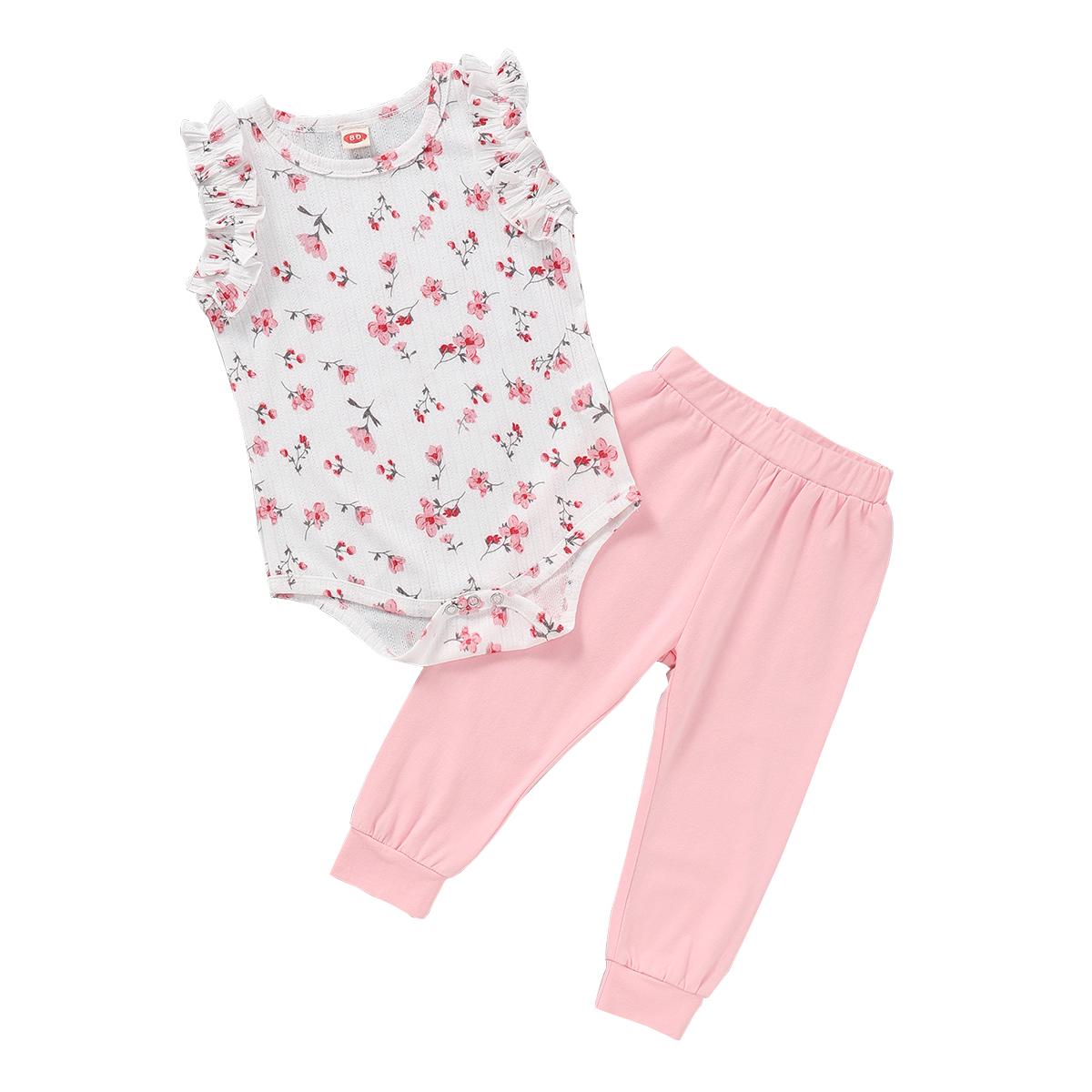 Kids Fashion Girl Clothes Toddler Girl Outfits Floral Sleeveless Romper Top Pants 2PCS Clothing Set WL2004671-1