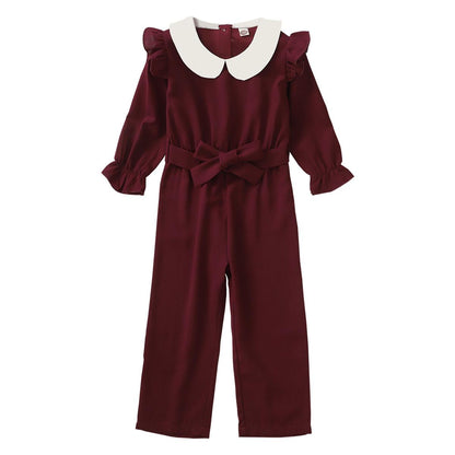 Kids fashion Girls Clothes Girls Jumpsuit Ruffle Long Sleeve Lapel Overall Pants Red 12009478