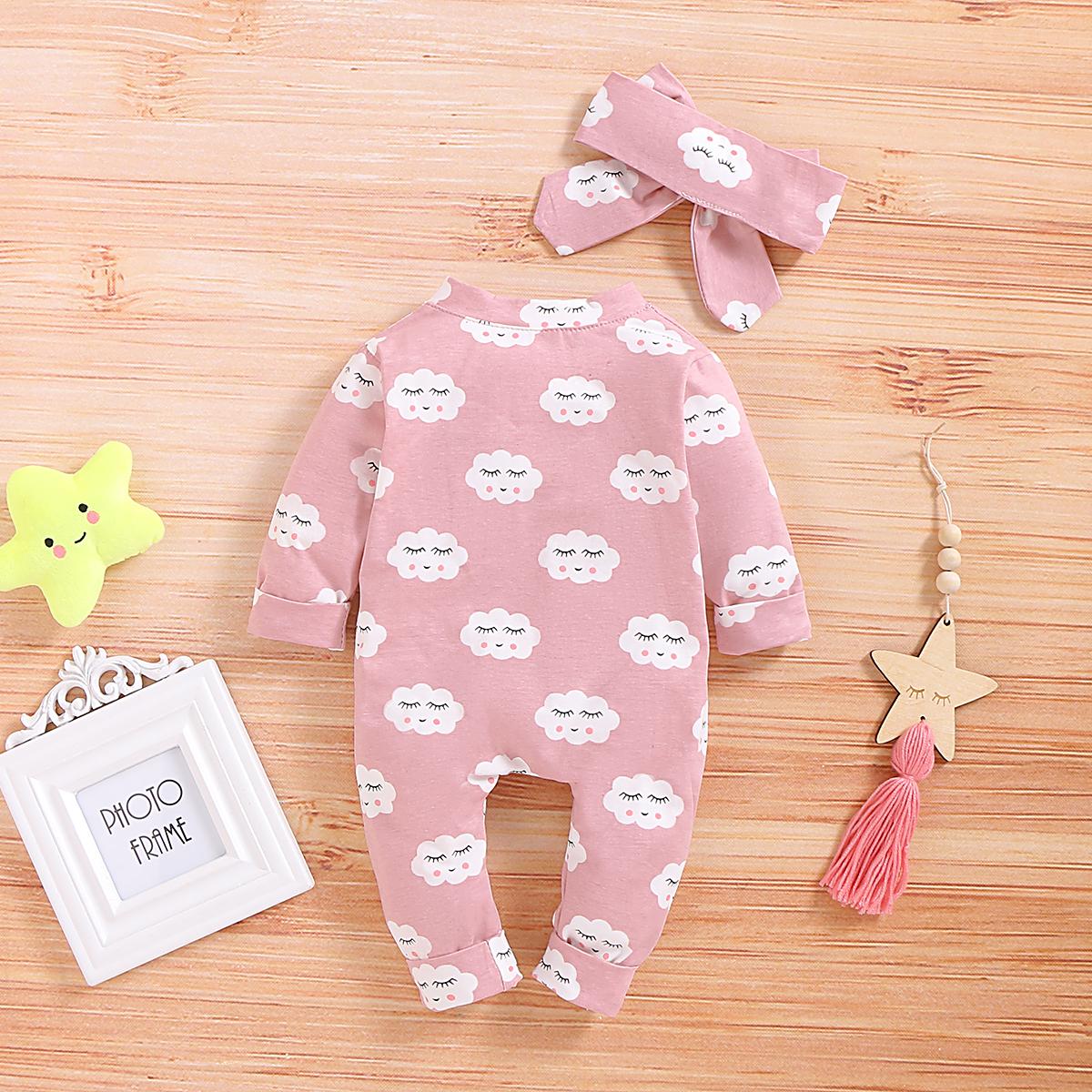 Newborn Baby Girls Outfits Jumpsuit For Winter Clouds Print Romper Headband 2Pcs Clothes Set,Pink 190066