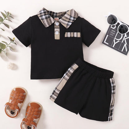 Newborn Baby Boys Outfits Grid Print Turn-down Collar T-shirt Top +Shorts 2Pcs Clothes Set White 22110615SY