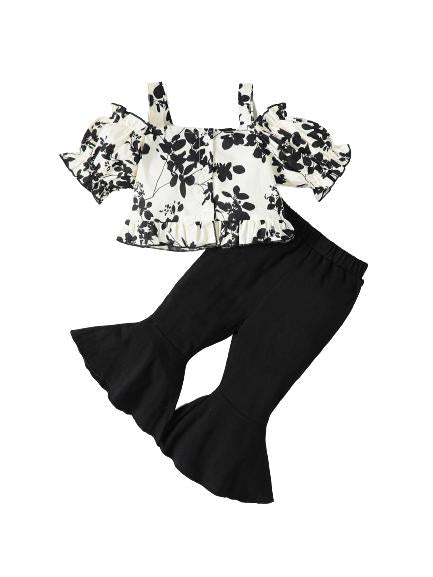 Kids Fashion Ready Stock Girls Clothes Floral Straps Bubble Sleeve Tops Bell-bottomed Pants 2Pcs Niceapparel OOTD White 623020005