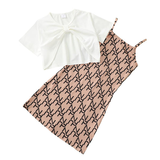 Kid Fashion Ready Stock Girls Clothes Solid Short Sleeve Crops Tops Fashion Pattern Straps Summer Dress 2Pcs OOTD White J212212302