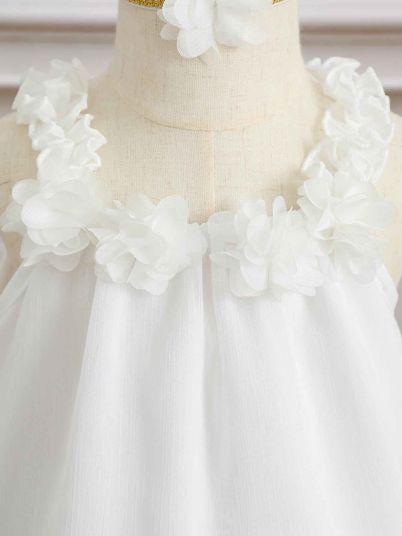 Ready Stock Kids Fashion Girls Clothes Solid White Lace Summer Straps Eneving Party Dress With Headband 2Pcs Perforamance Set 112301001