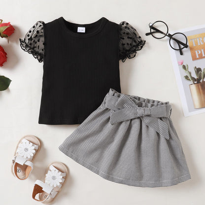 Baby Girls Outfits OOTD Perspective Bubble Sleeve Tops Thousand-bird Lattice 2Pcs Clothes Set Black 222203304