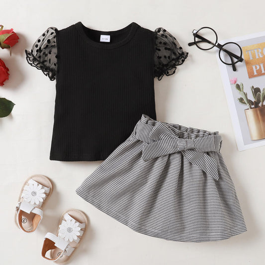 Baby Girls Outfits OOTD Perspective Bubble Sleeve Tops Thousand-bird Lattice 2Pcs Clothes Set Black 222203304